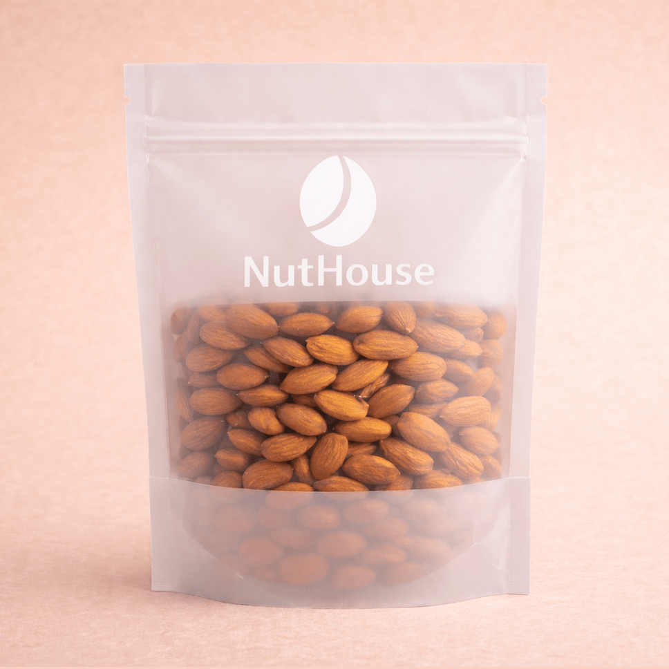 Nut House whole raw almonds in resealable white pouch with transparent window