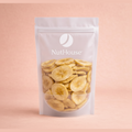 Nut House golden yellow banana chips in resealable white pouch with window showing crispy dried fruit texture