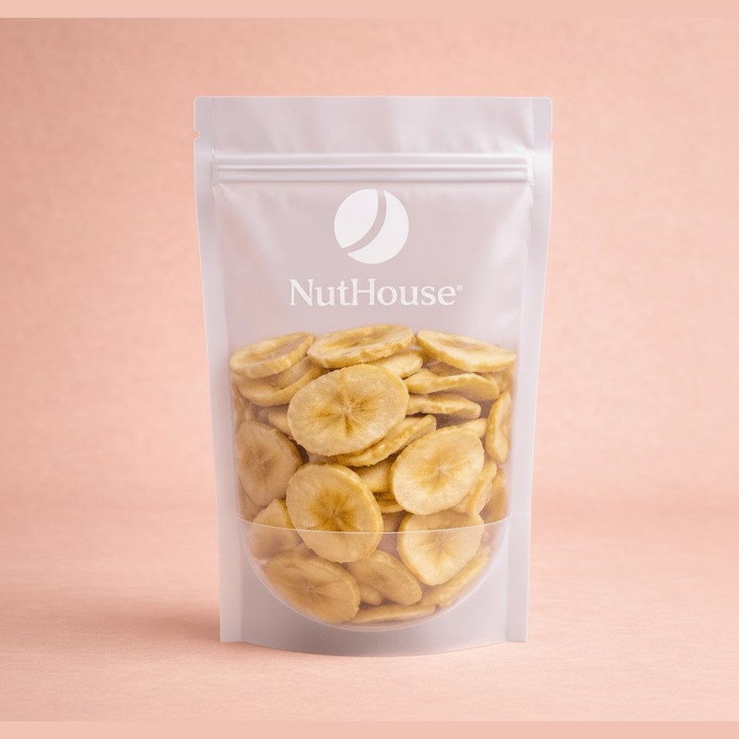 Nut House golden yellow banana chips in resealable white pouch with window showing crispy dried fruit texture