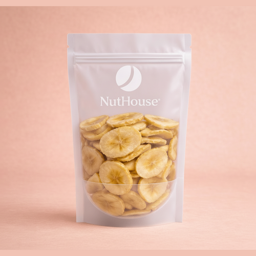 Nut House golden yellow banana chips in resealable white pouch with window showing crispy dried fruit texture