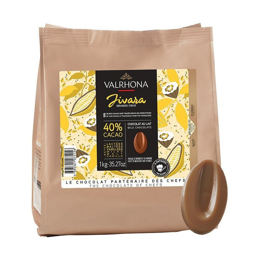 1kg Valrhona Jivara 40% milk chocolate bag angled to show side seam and deep brown chocolate disc