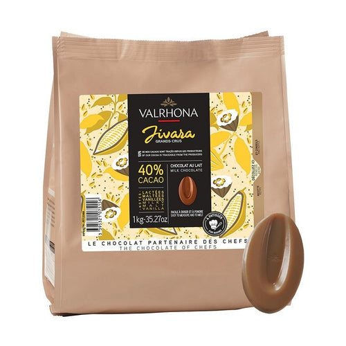 1kg Valrhona Jivara 40% milk chocolate bag angled to show side seam and deep brown chocolate disc