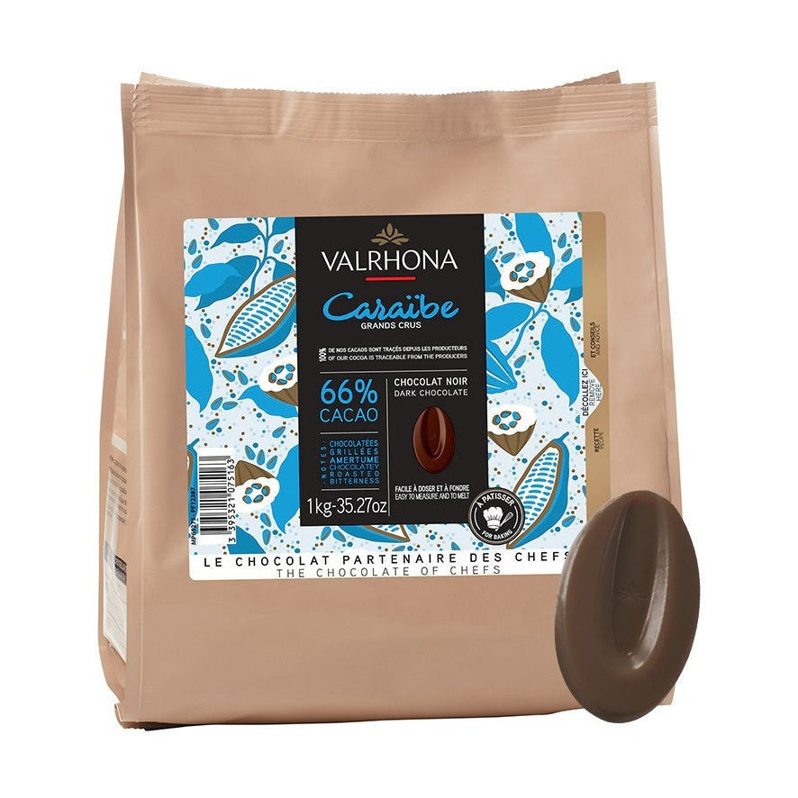Valrhona Caraïbe 66% dark chocolate 1kg bag for chefs with tan sleeve and melting disc