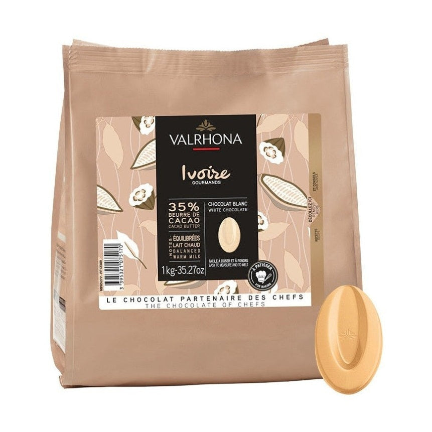 Valrhona Ivoire 35% 1kg white chocolate pouch for professional baking with embossed disc