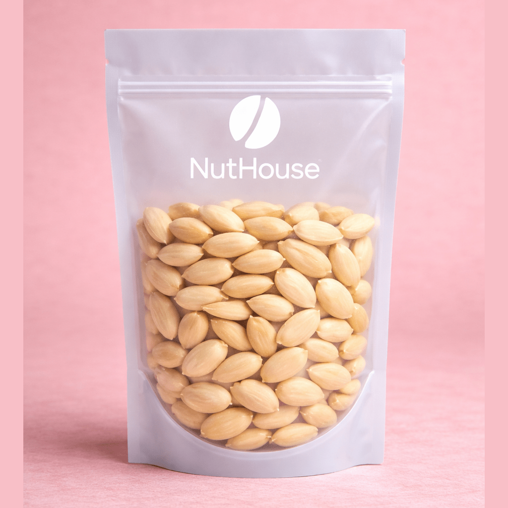 Nut House blanched almonds in resealable pouch with smooth ivory kernels for marzipan and chocolate coating