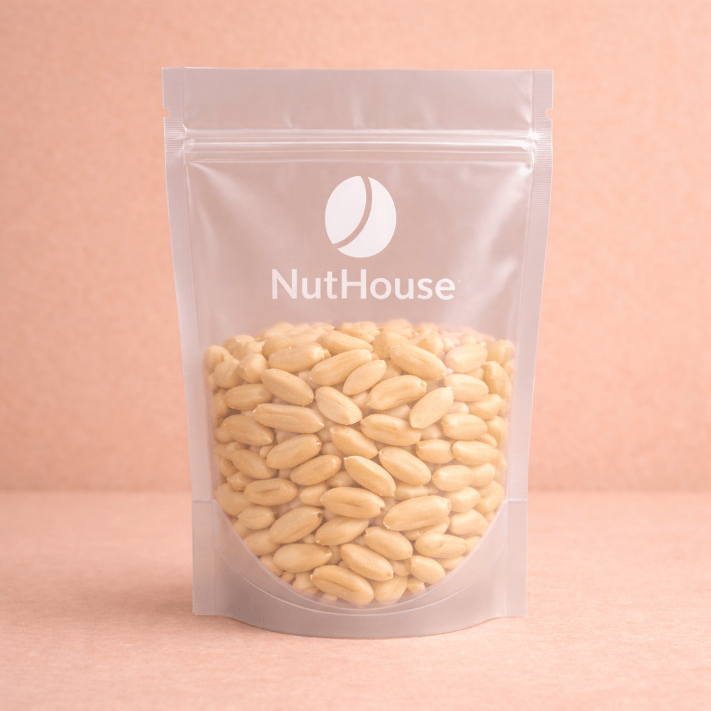 Nut House blanched peanuts in clear resealable pouch, smooth ivory kernels without skins