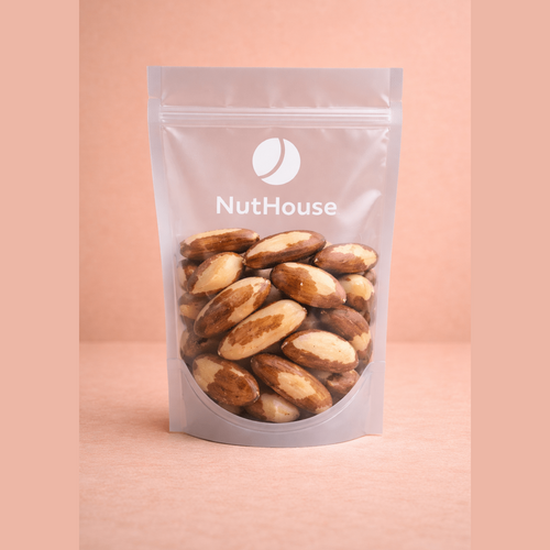 Nut House Brazil nuts in clear resealable pouch showing two-toned brown and ivory shells