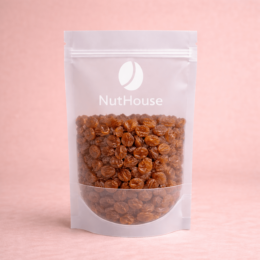 Nut House brown sultanas in resealable pouch showing plump golden-brown dried grapes for British baking