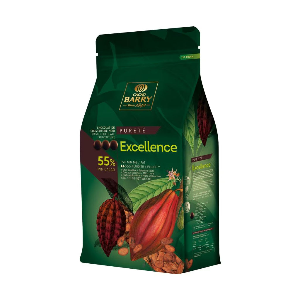 Cacao Barry Excellence 55% dark chocolate couverture resealable pouch with gold branding