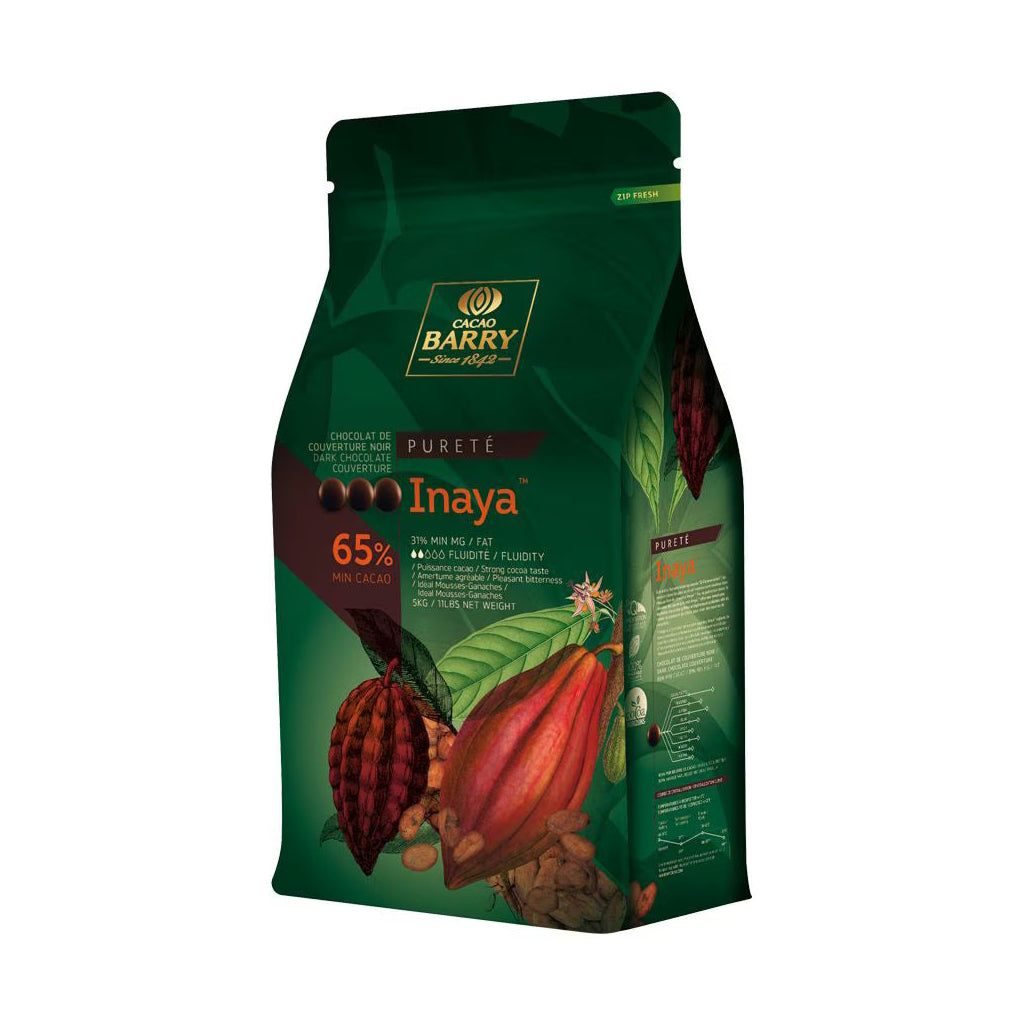 Cacao Barry Inaya 65% dark chocolate couverture 9kg resealable green pouch packaging