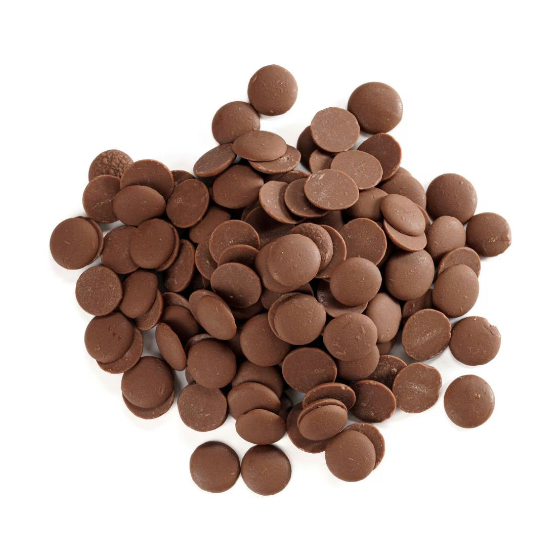 Scattered round Cacao Barry milk chocolate callets showing smooth matte medium-brown texture on white background