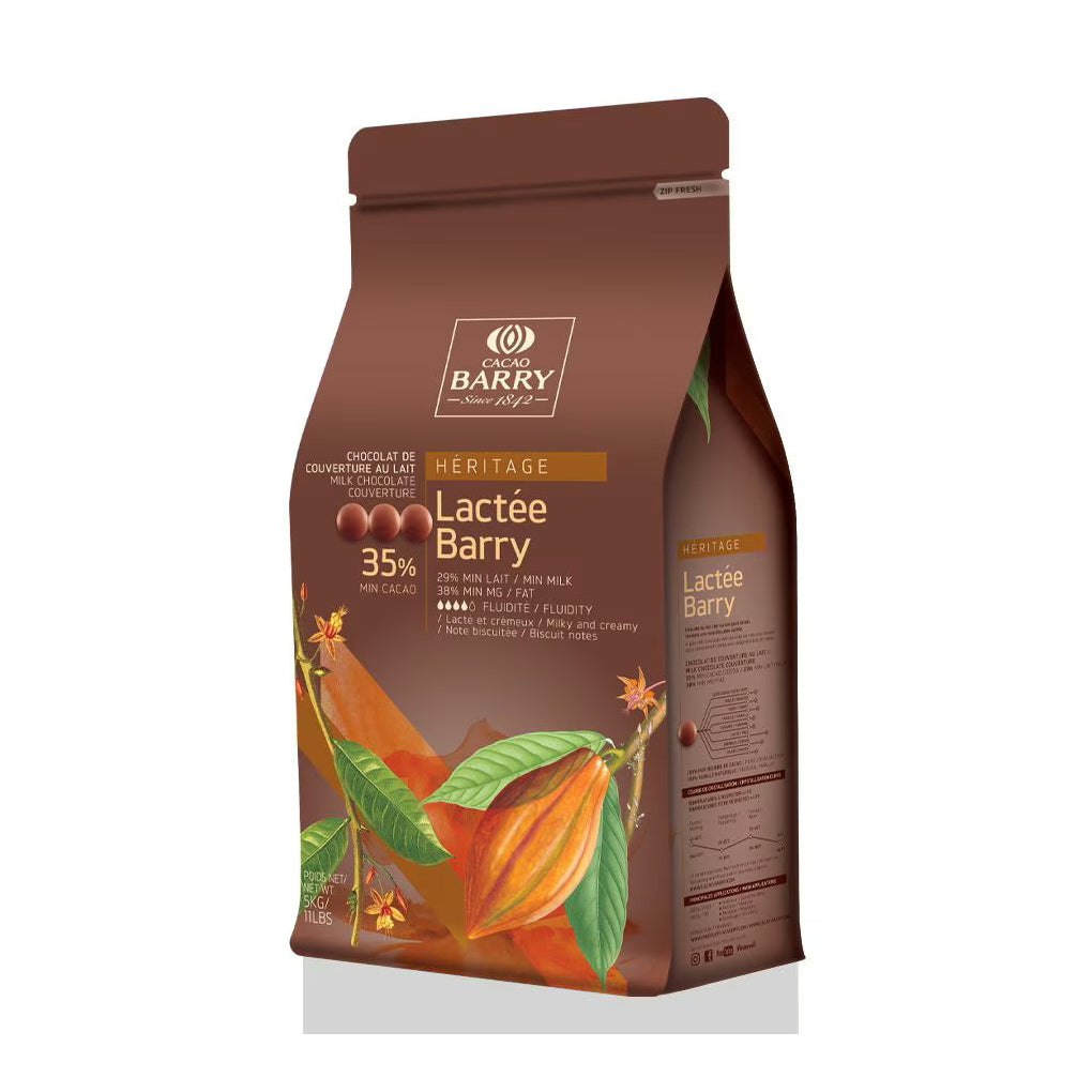 Cacao Barry Lactée Barry 35% milk chocolate couverture in brown stand-up pouch with HÉRITAGE banner and cacao pod illustration