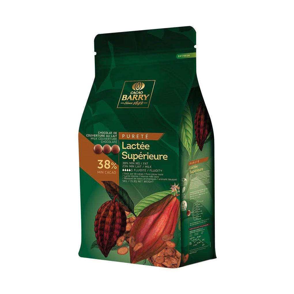 Cacao Barry Lactée Supérieure 38% milk chocolate couverture in dark green resealable pouch with cocoa pod design