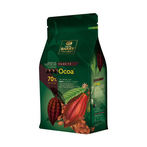 Cacao Barry Ocoa 70% single origin dark chocolate couverture in green resealable pouch