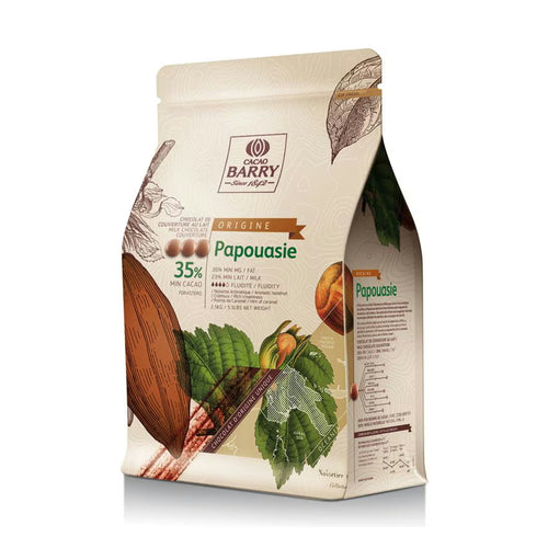 Cacao Barry Papouasie 35% single origin milk chocolate packaging with hazelnut notes