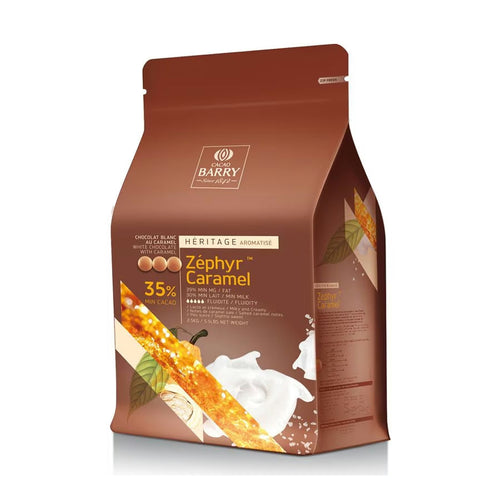 Cacao Barry Zephyr Caramel 35% white chocolate couverture resealable pouch packaging