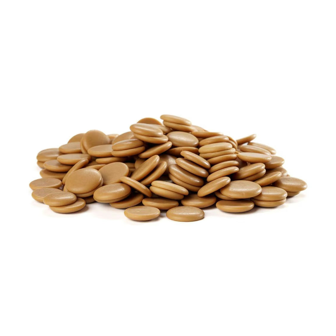 Cacao Barry Zephyr Caramel white chocolate discs golden-brown matte finish