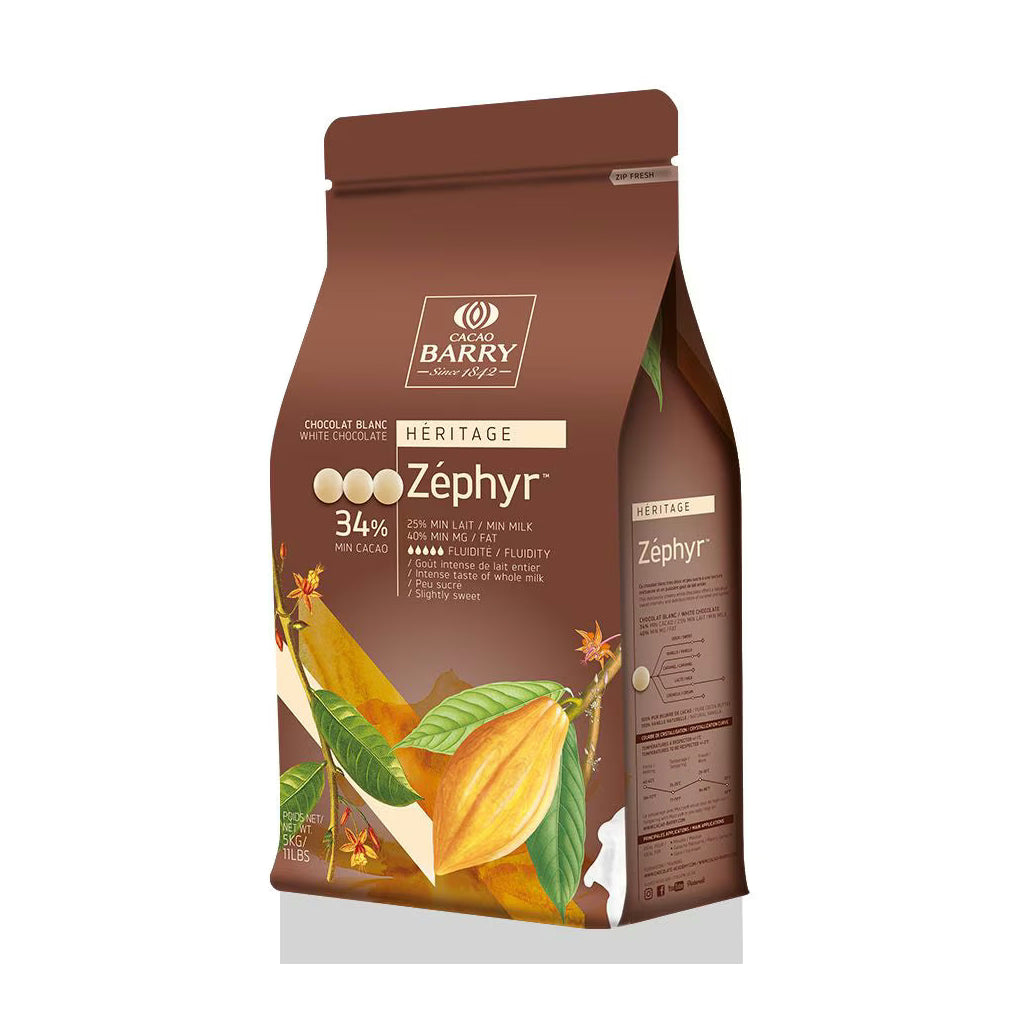 Cacao Barry Zephyr 34% white chocolate couverture 5kg resealable pouch with gold and brown design