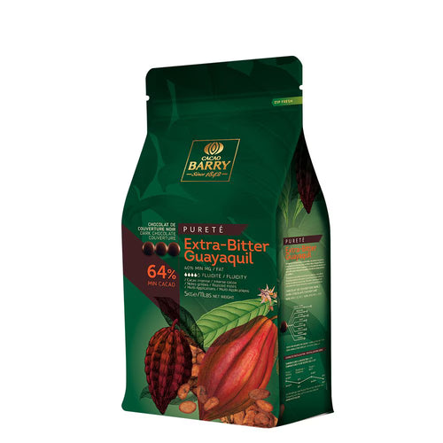 Cacao Barry chocolate packaging with cacao beans and leaves on a white background