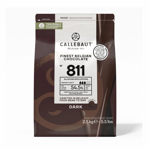 Callebaut 811 dark chocolate couverture 54.5% cocoa solids 2.5 kg bag with sustainable cocoa seal