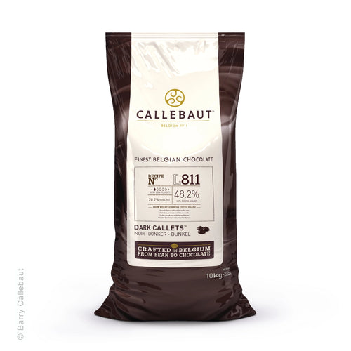 Callebaut L811 dark chocolate callets packaging showing 48.2% cocoa solids and Belgian craft