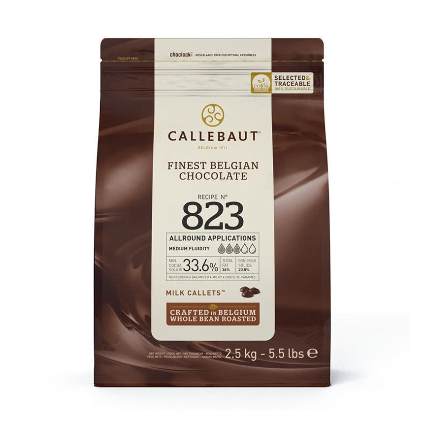 Callebaut Recipe No. 823 milk chocolate callets in 2.5 kg resealable pouch with Belgian chocolate label