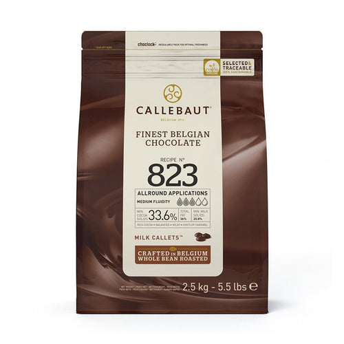 Callebaut Recipe No. 823 milk chocolate callets in 2.5 kg resealable pouch with Belgian chocolate label