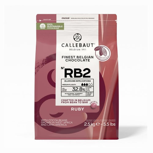 Callebaut Ruby Chocolate RB2 2.5kg pouch with blush-pink packaging, ruby cocoa bean flavor, and blood orange elderberry notes