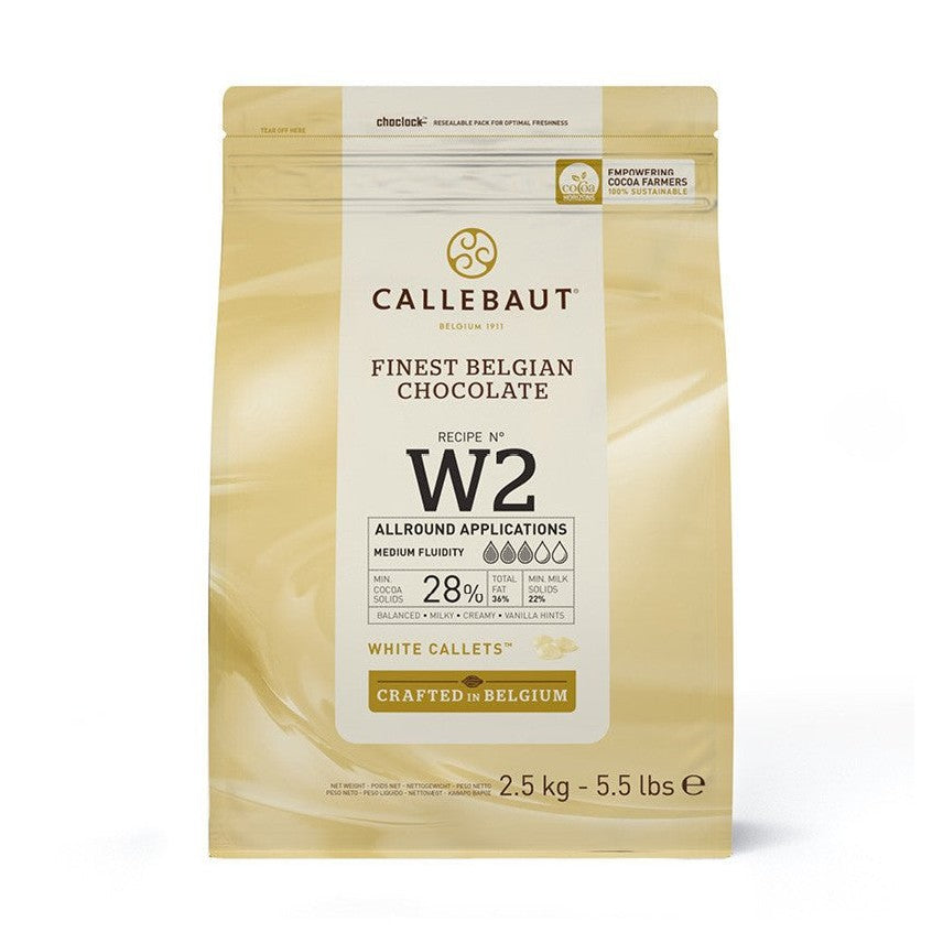 Callebaut W2 white chocolate couverture 28% cocoa butter in gold resealable pouch