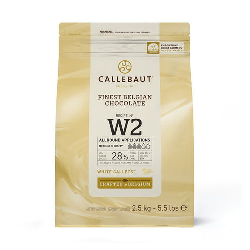 Callebaut W2 white chocolate couverture 28% cocoa butter in gold resealable pouch