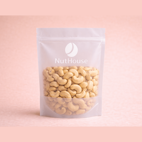 NutHouse brand resealable pouch of whole raw ivory cashews with smooth texture