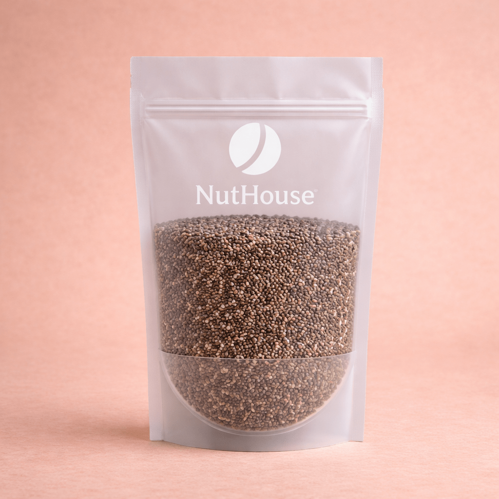 Nut House chia seeds in transparent resealable pouch showing black and beige granular texture