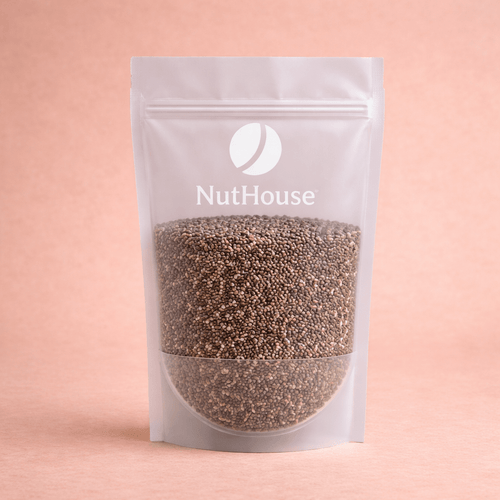 Nut House chia seeds in transparent resealable pouch showing black and beige granular texture