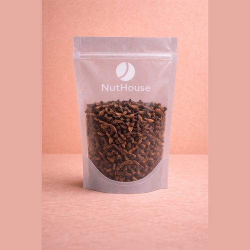Nut House whole cloves in resealable pouch showing dark brown dried flower buds with tan stems