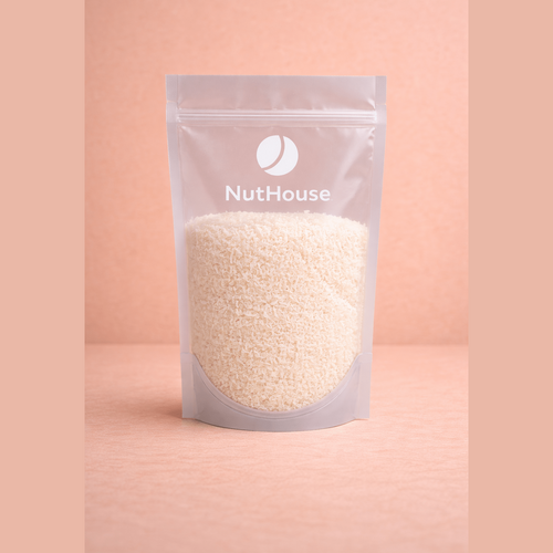 NutHouse fine desiccated coconut in resealable pouch with fluffy light cream flakes
