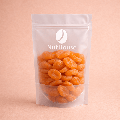 Nut House dried apricots in resealable pouch showing vibrant orange wrinkled texture