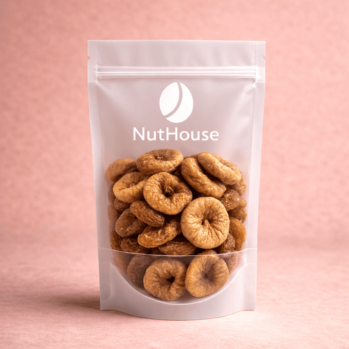 Nut House dried figs in resealable pouch showing golden-brown wrinkled fruit with honey-like texture