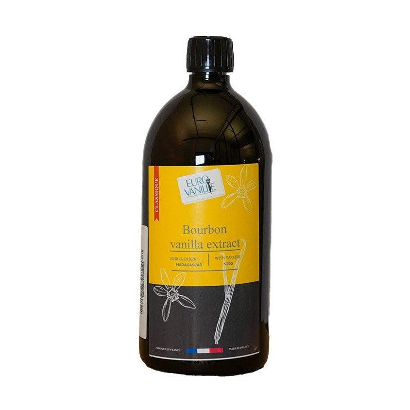 Eurovanille Bourbon vanilla extract with markers in dark amber glass bottle, Madagascan origin, Made in France