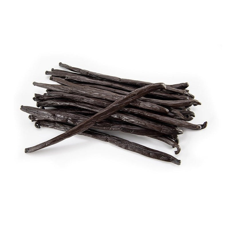 Eurovanille Papua New Guinea Tahitensis vanilla pods close-up showing dark wrinkled texture and natural curvature