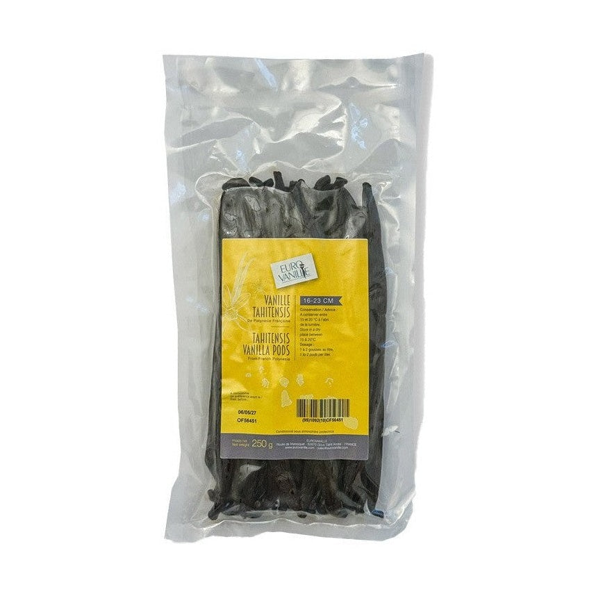 Eurovanille Tahitensis vanilla pods in resealable pouch with yellow label displaying 16-23 cm size