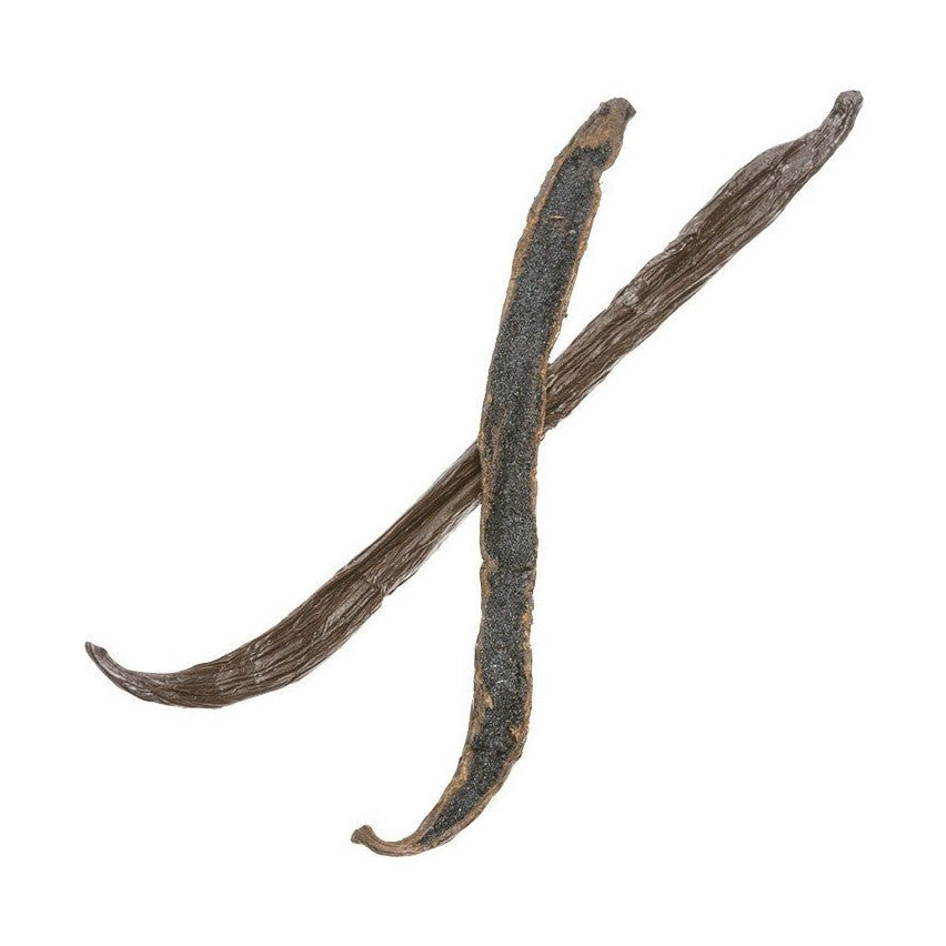 Eurovanille Bourbon vanilla pods split to show dark glossy seeds and whole wrinkled deep brown beans