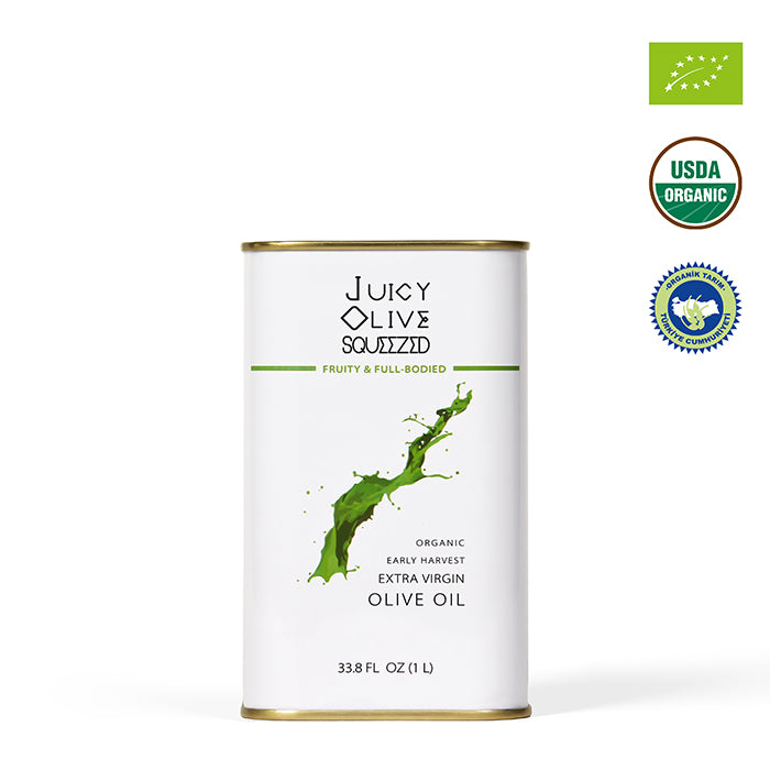 Juicy Olive Squeezed olive oil can with USDA Organic label on a white background