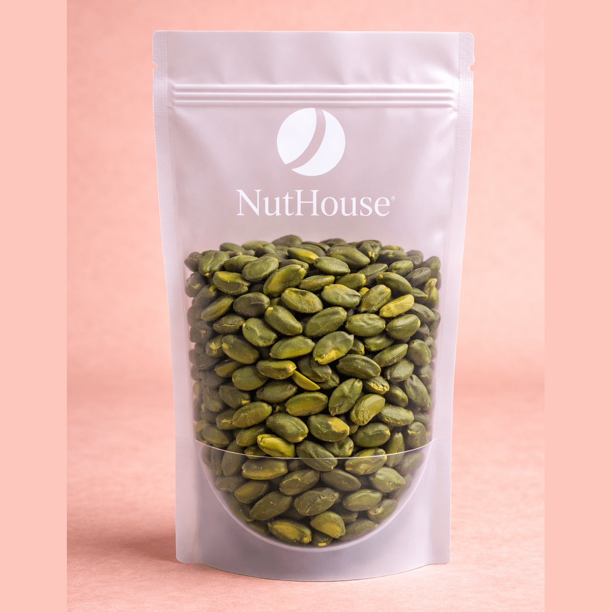Nut House green peeled pistachios in white resealable pouch with emerald kernel visible