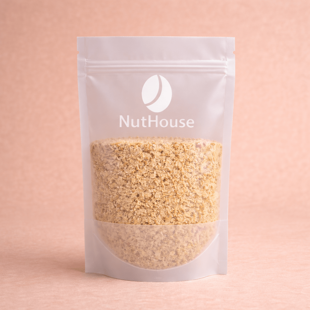 Nut House ground hazelnuts in resealable pouch showing fine golden-beige texture for baking