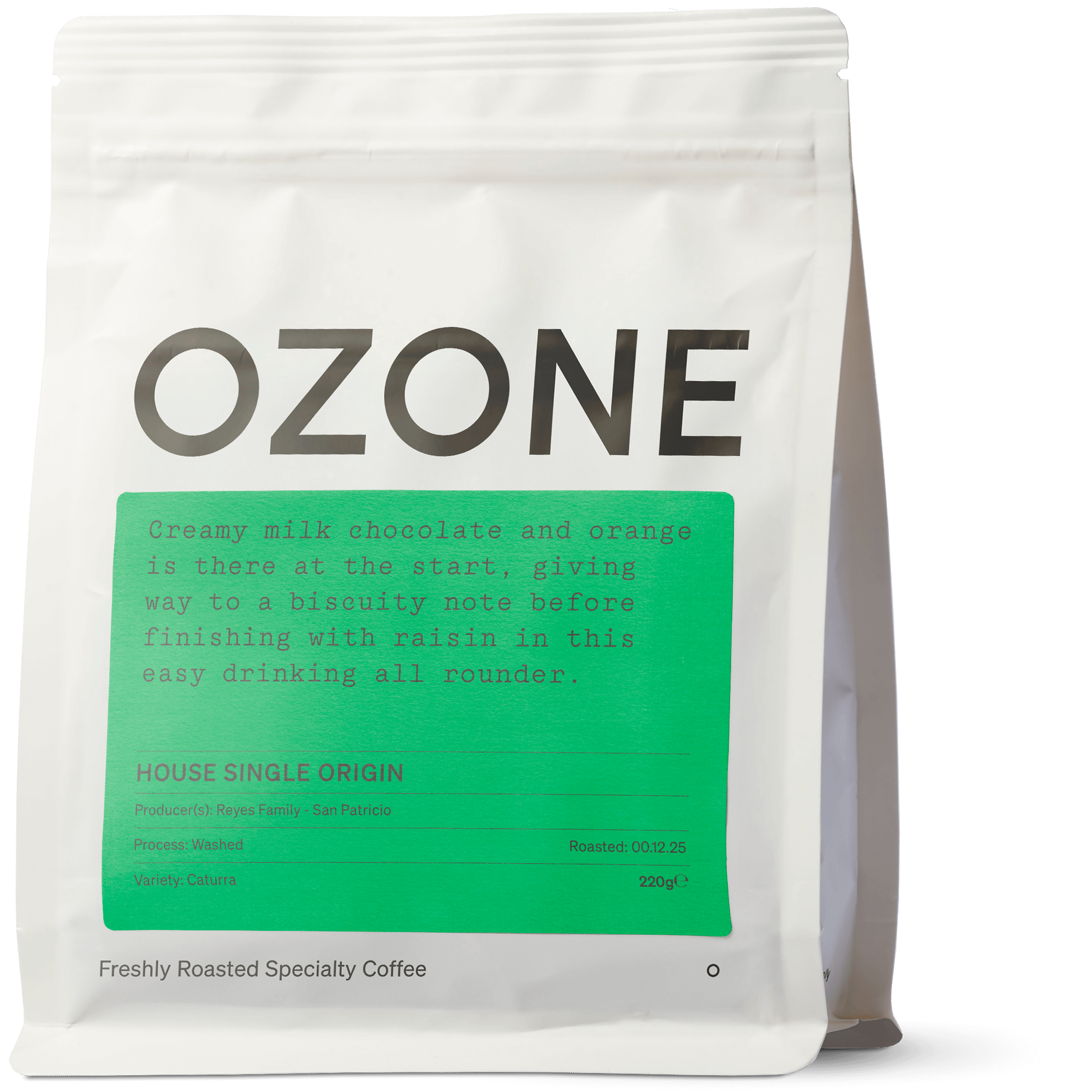 Ozone coffee package with text on a white background