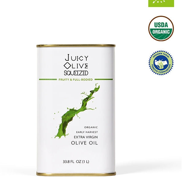 Juicy Olive Squeezed organic early harvest extra virgin olive oil 1 liter metal canister with gold rim