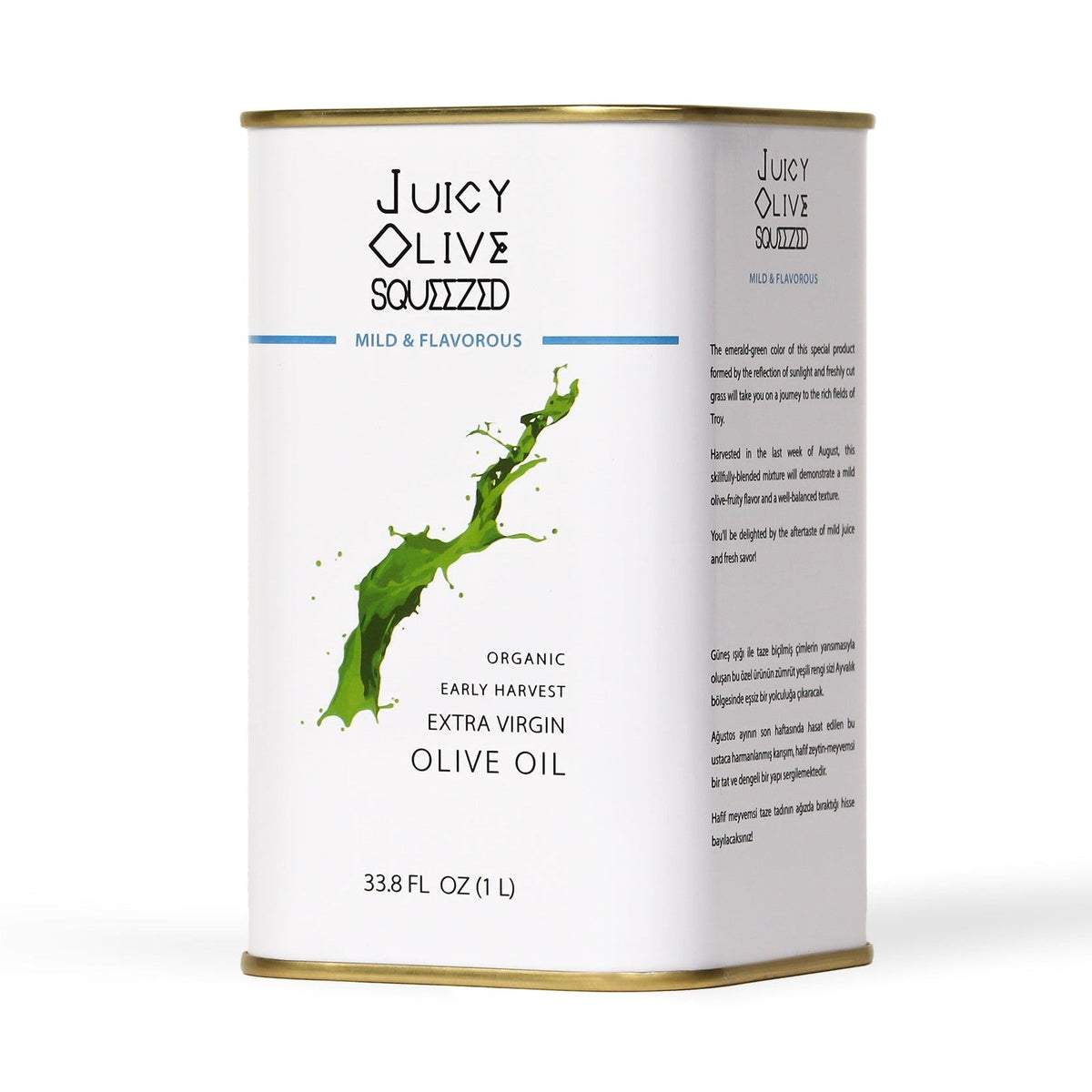 Juicy Olive Squeezed mild emerald-green extra virgin olive oil in white metal canister with gold rim