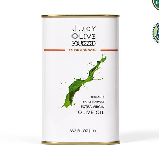 Juicy Olive Squeezed Relish & Smooth Organic Early Harvest Extra Virgin Olive Oil in white metal tin with green splash
