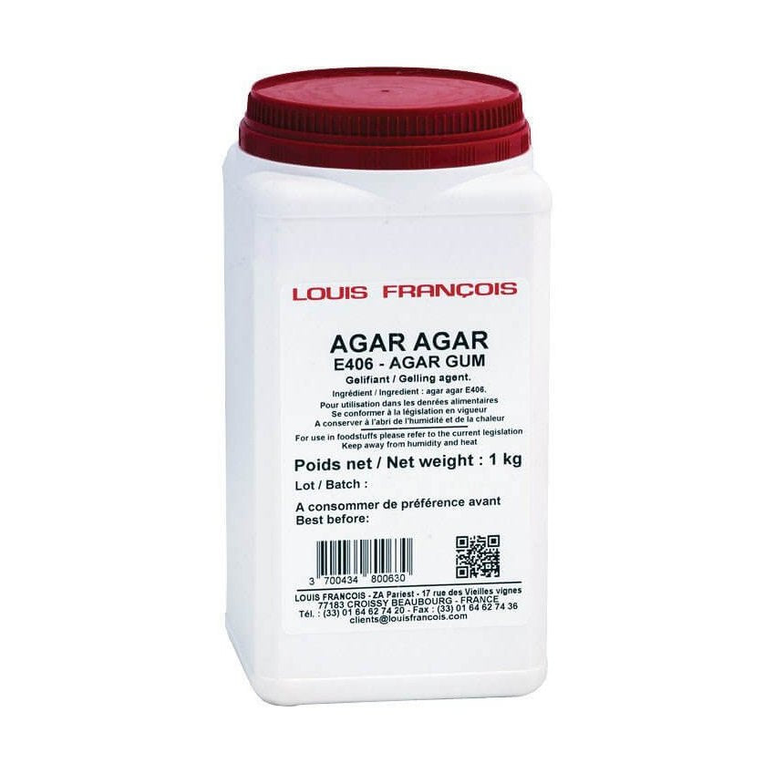 Louis Francois Agar Agar E406 gelling agent in 1kg white plastic container with red lid