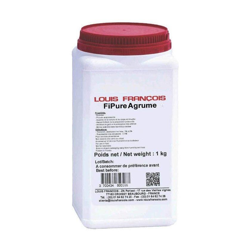 Louis Francois Citrus FiPure 1kg white plastic container with red ribbed lid for baking stabiliser